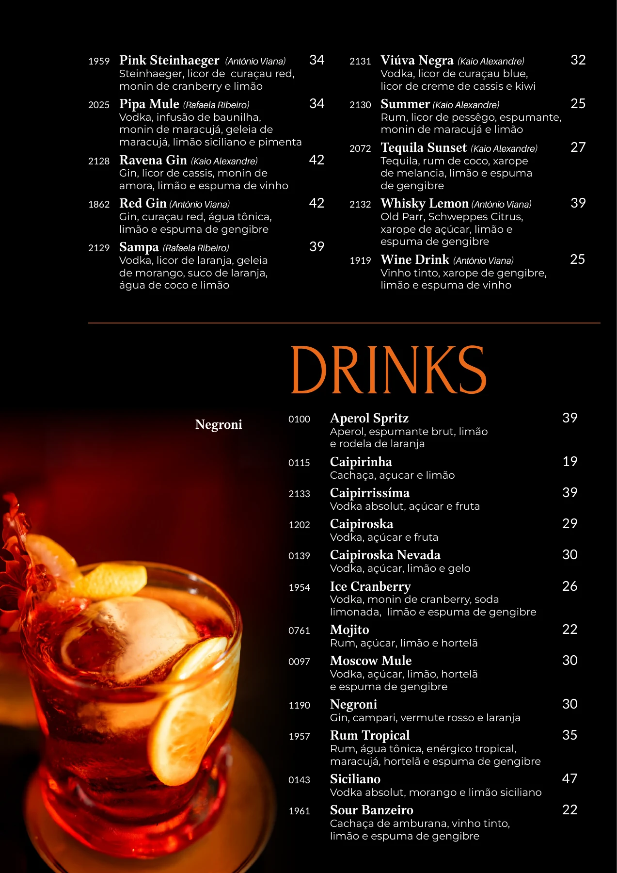 Página 3 do cardápio original do Riu: Drinks clássicos
