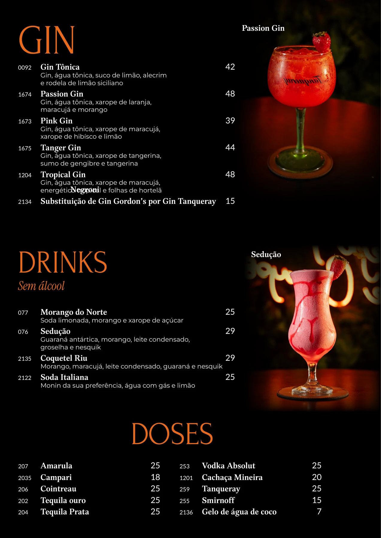 Página 4 do cardápio original do Riu: Gin, doses e sem álcool