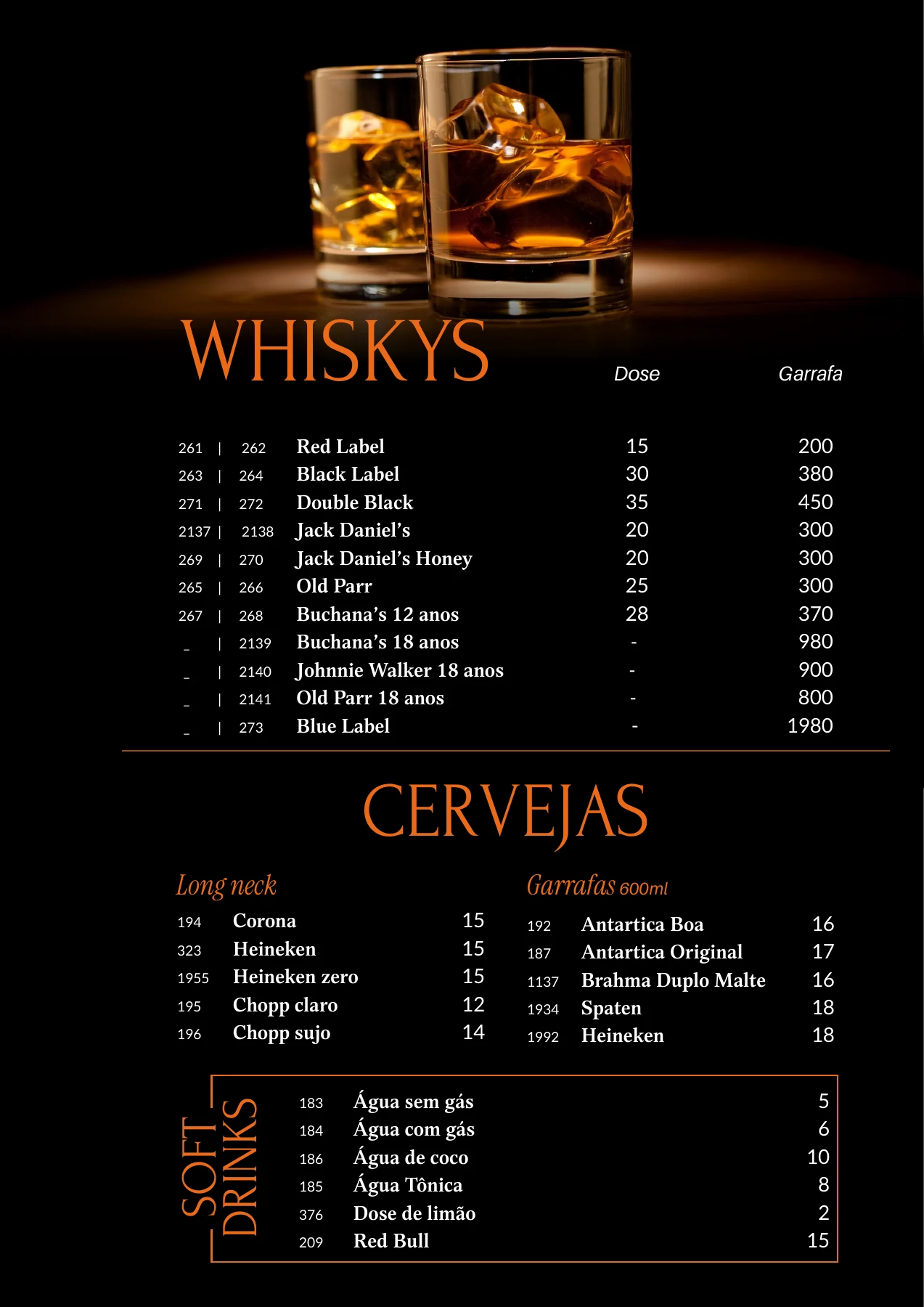 Página 5 do cardápio original do Riu: Whiskys e cervejas