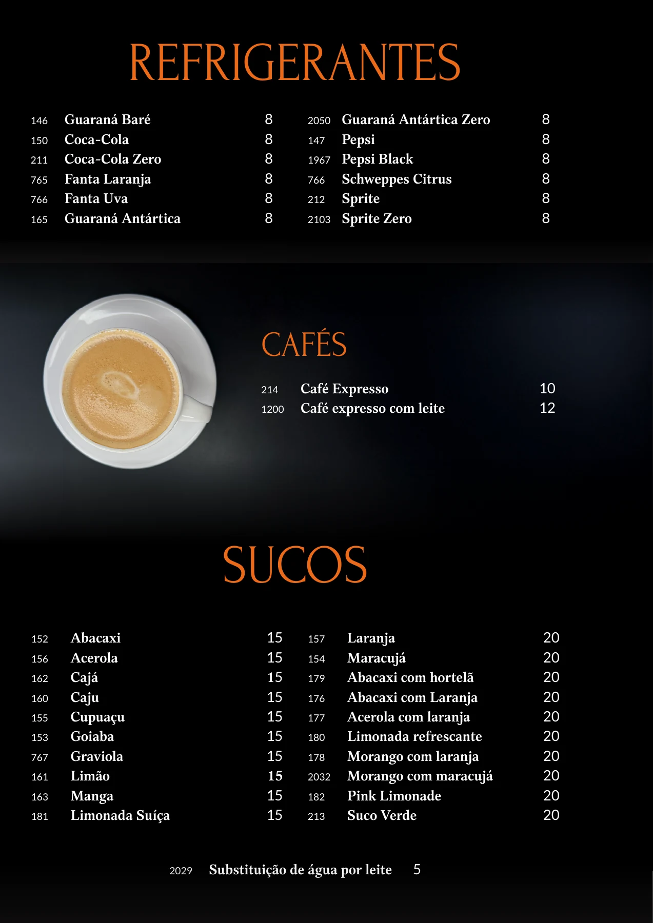 Página 6 do cardápio original do Riu: Sucos, refrigerantes e cafés
