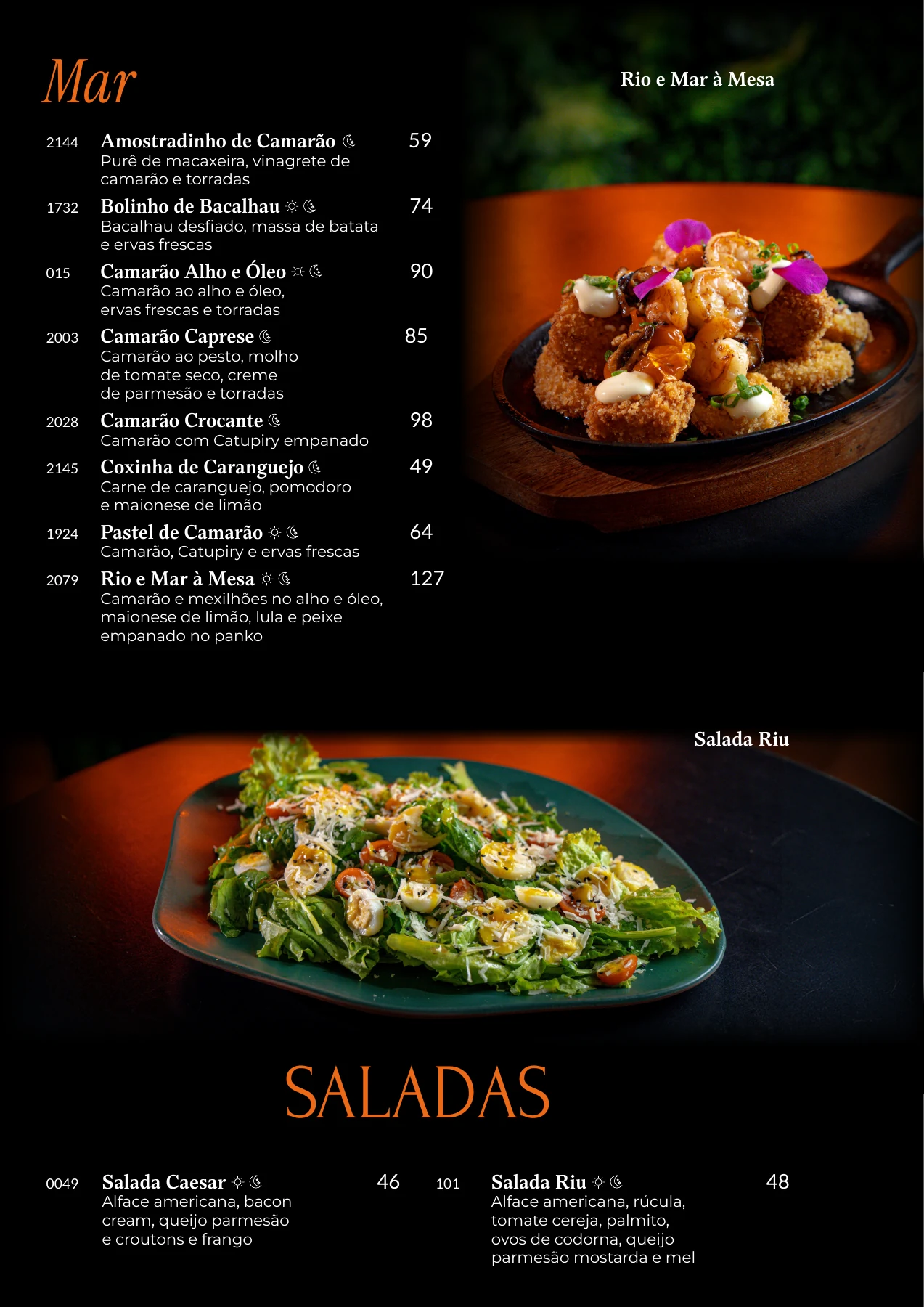 Página 8 do cardápio original do Riu: Entradas do mar e saladas