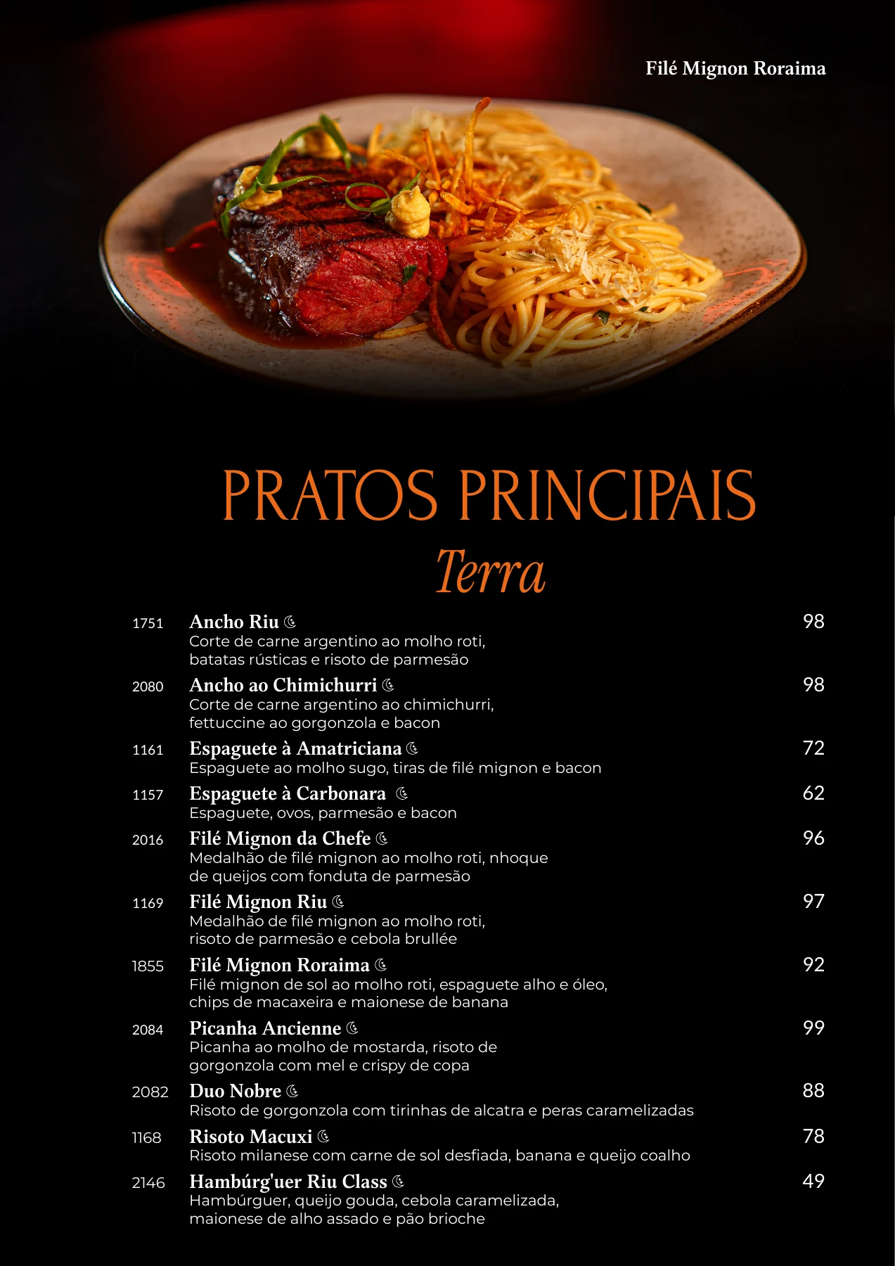Página 9 do cardápio original do Riu: Pratos da terra