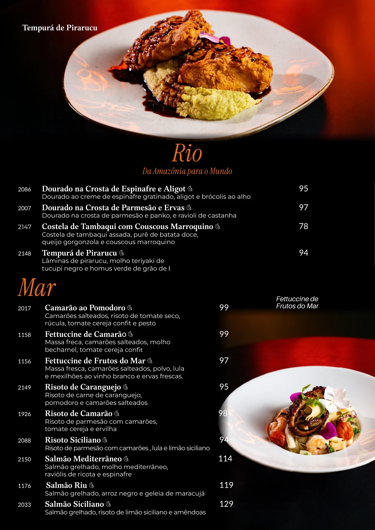 Página 10 do cardápio original do Riu: Pratos do rio e do mar